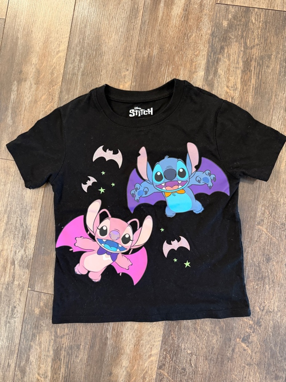 Disney Black Tee with Blue & Pink Stitch Bat Characters